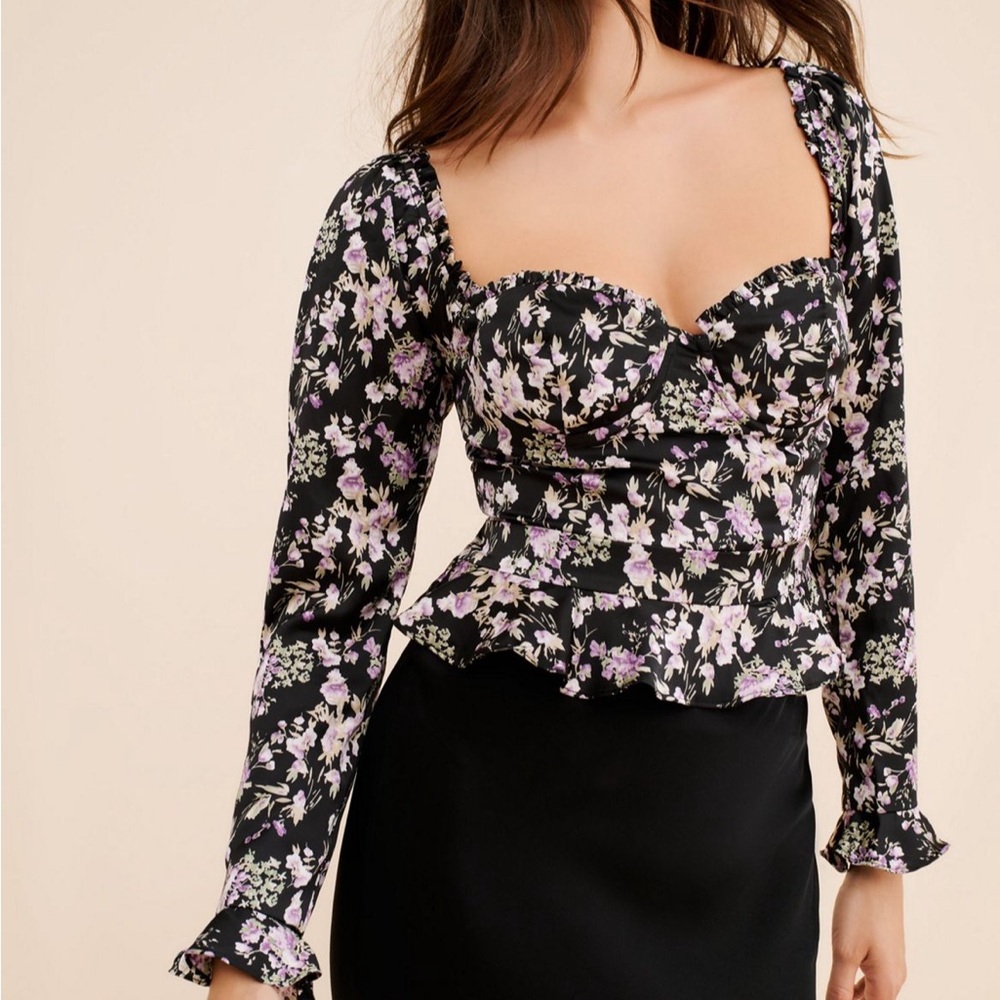 Astr Black Floral Sweetheart Peplum Top 2275